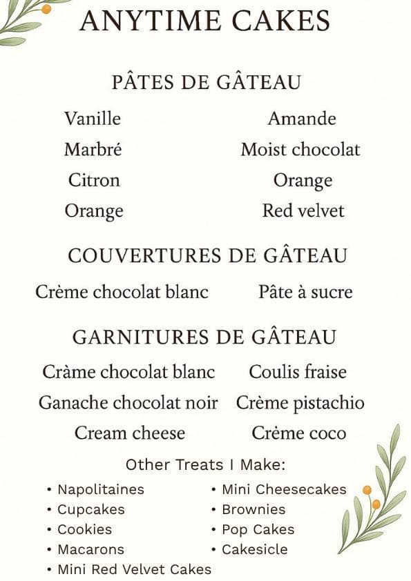 Different types of cakes offered by Rachel - Anytime Cakes Mauritius